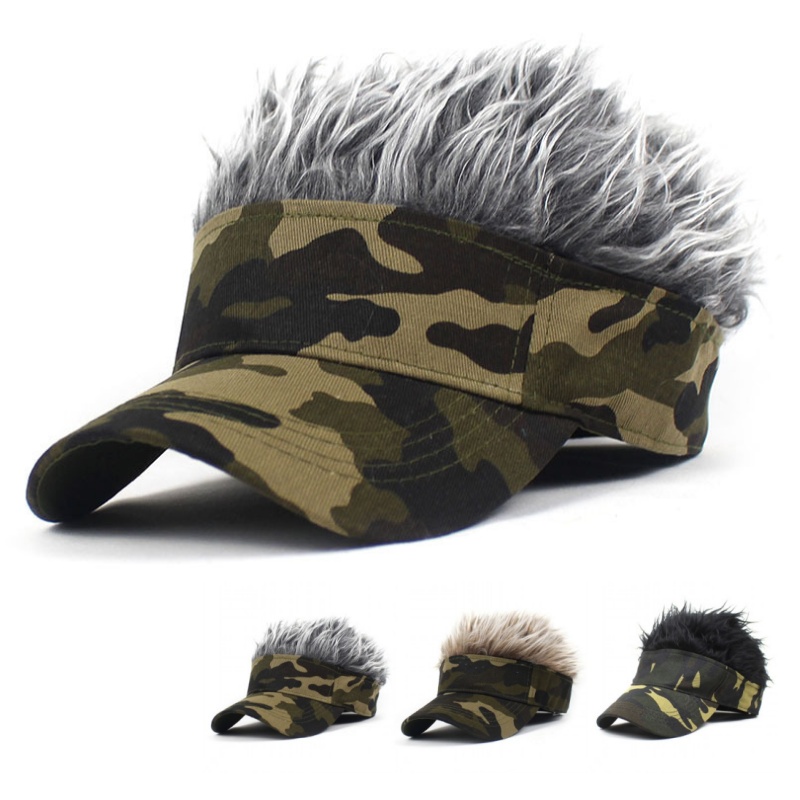 Running Gear Hat - Armeegrüne Tarnmuster-Baseballkappe mit UV-Schutz, Fake-Spiked-Hair-Sportmütze, Herren-Synthetik-Perücke,